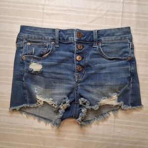 Y2K American Eagle Mid-Rise Shorty Super Stretch Denim Shorts Distressed Sz 4